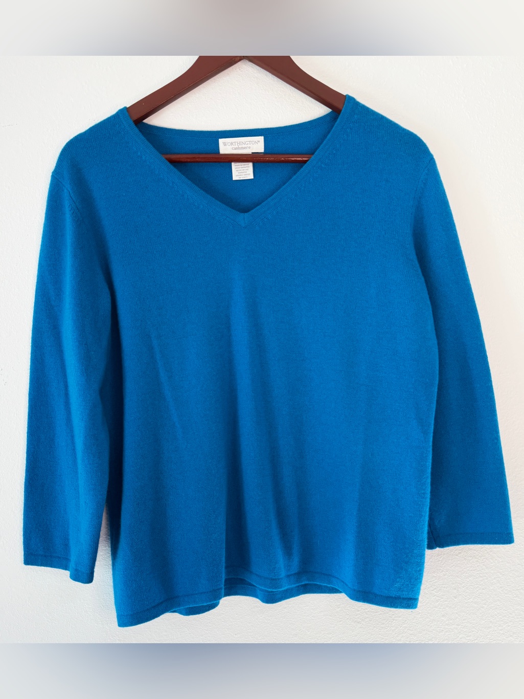 Worthington Y2k Blue Cashmere Vneck Sweater 3/4 Sleeves Preppy Kidcore Large